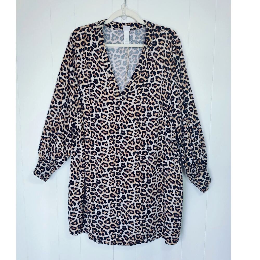 Leopard Print Oversized Shirtdress Deep V Neck Long Sleeve Mini L